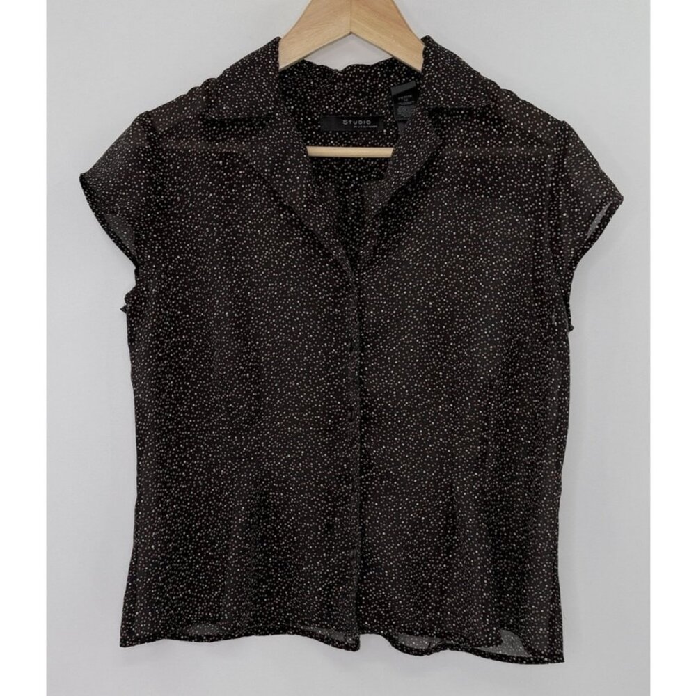 STUDIO By Liz Claiborne Polka Dot Chiffon‎ Button Collared Blouse Sz 12P Career